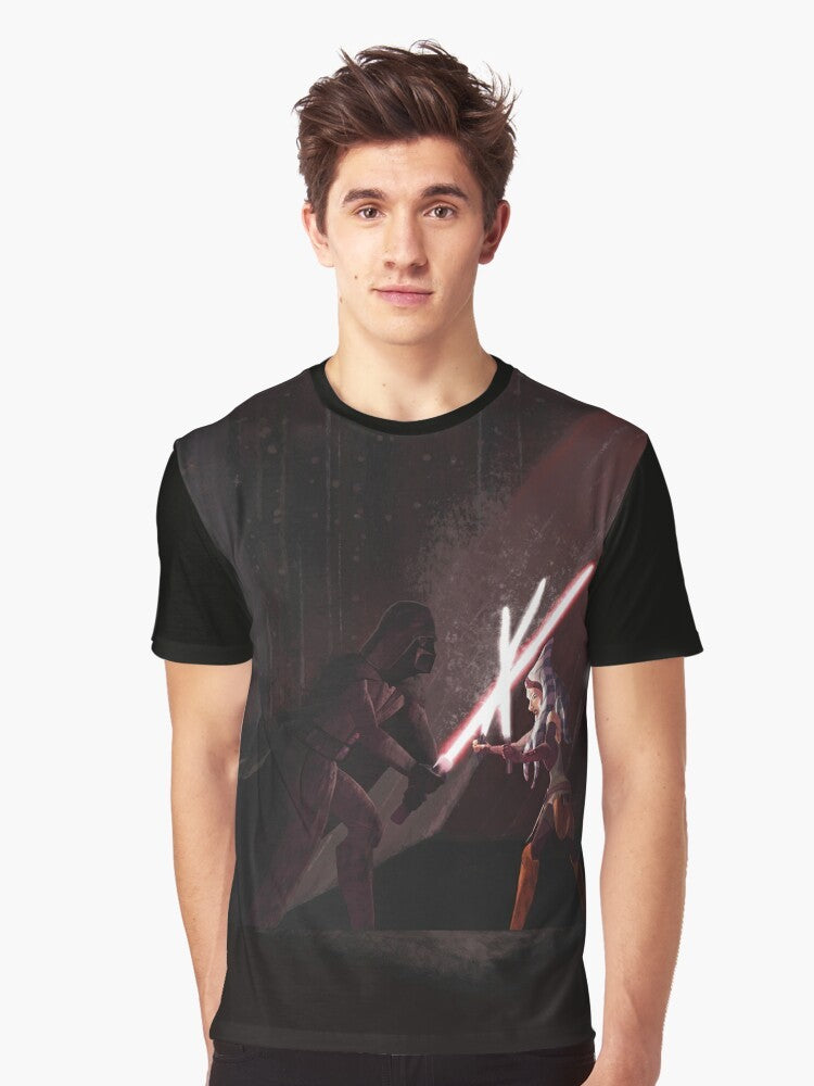 Star Wars-inspired graphic t-shirt featuring the battle between a Jedi Master and their Apprentice - Men