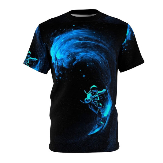 A vibrant, all-over printed t-shirt featuring a spaceman surfing through a cosmic, galactic landscape.