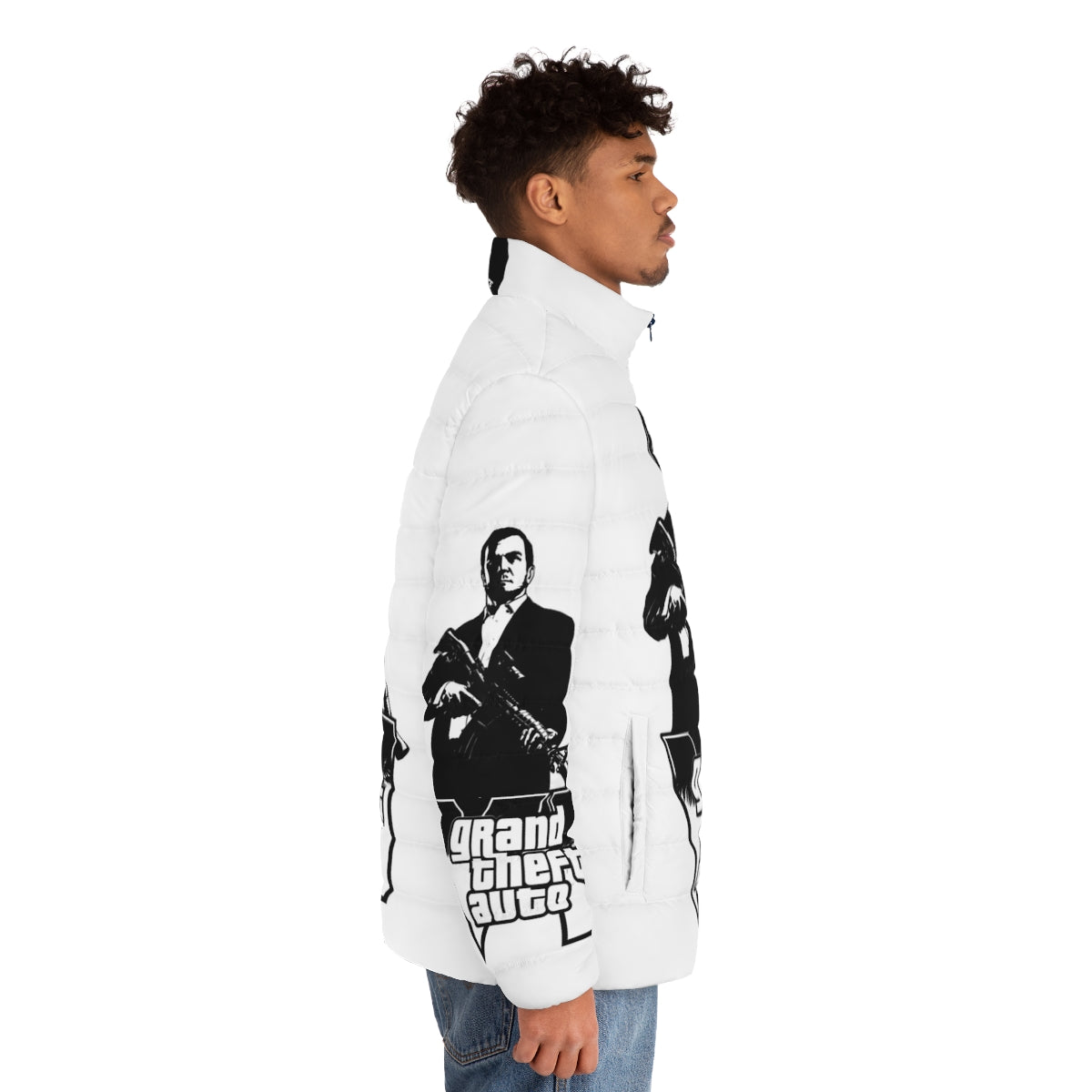 Grand Theft Auto Puffer Jacket featuring iconic GTA game elements - men side right