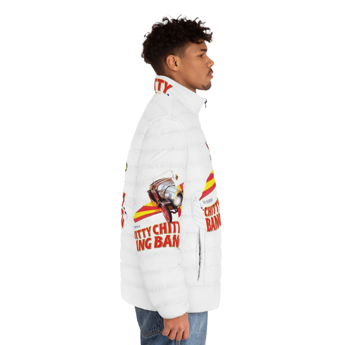 Chitty Chitty Bang Bang Puffer Jacket featuring the iconic car from the classic 60s/70s/80s musical film - men side right