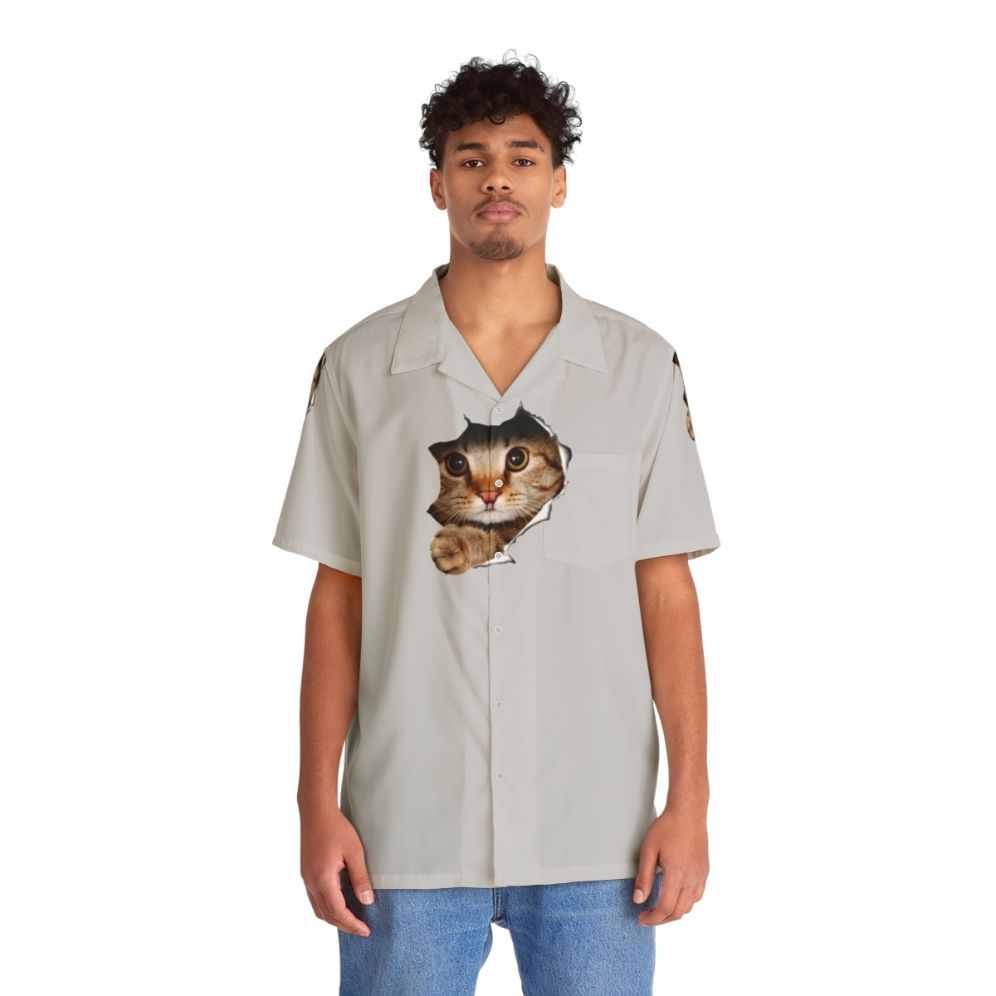 Cartoon Cat Peeping Out from Hawaiian Shirt - People Front