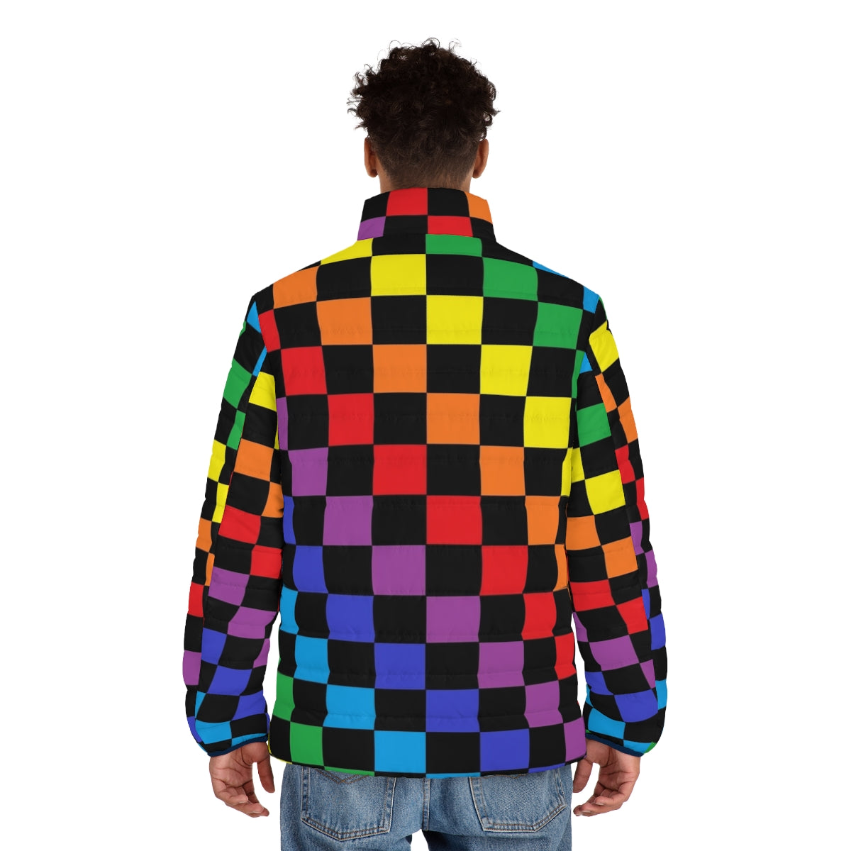 Colorful checkered puffer jacket with a rainbow pattern - men back