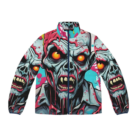 Chaotic Undeath Zombie Puffer Jacket with paint drip and horror-themed design