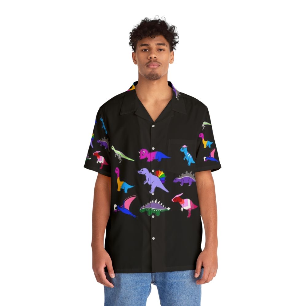 Pride Dinosaurs Hawaiian Shirt with Dinosaur and Rainbow Flag Design - People Front