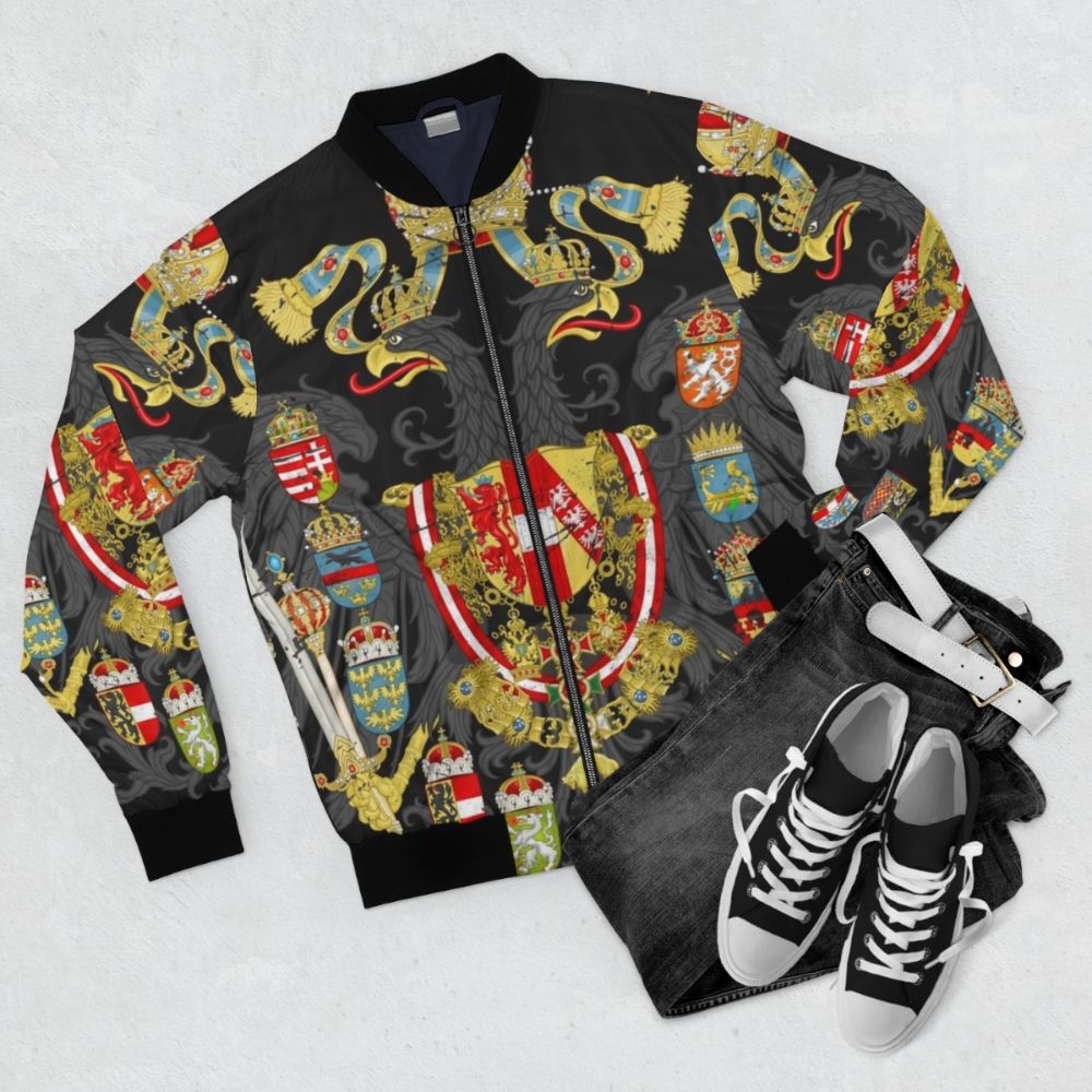 Bomber jacket with the coat of arms and flag of the Austro-Hungarian Empire - Flat lay