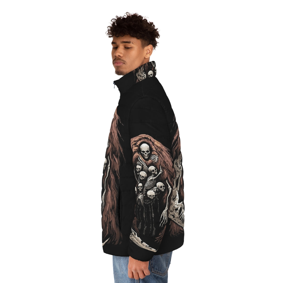 Dark Souls inspired Gravelord V2 puffer jacket featuring a spooky skeleton design - men side left