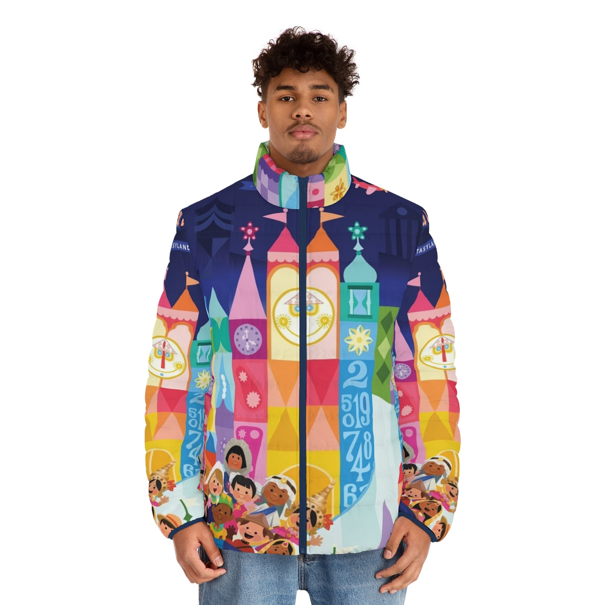 Small World Fantasyland Puffer Jacket with Whimsical Disney-inspired Design - men front