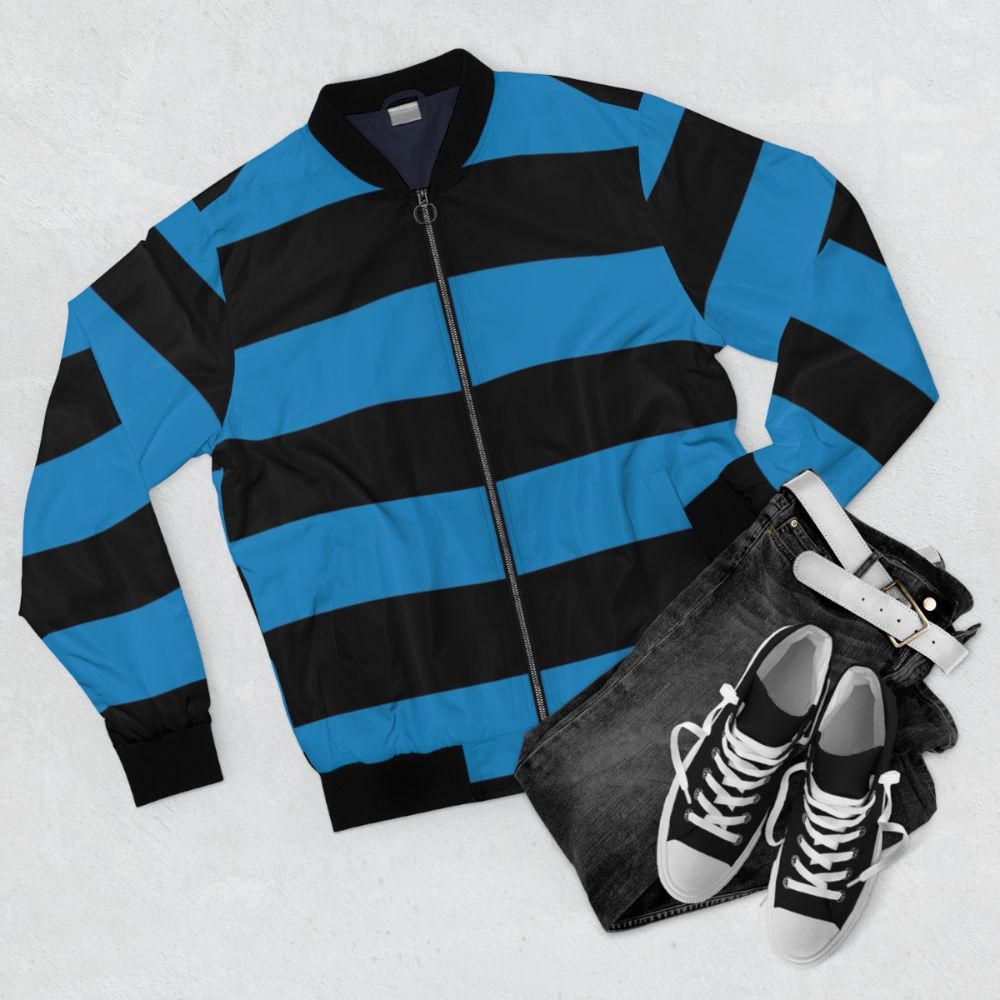 Large blue and black horizontal striped bomber jacket - Flat lay