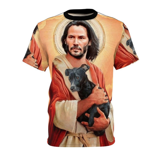 Unique graphic t-shirt design featuring Keanu Reeves and Jesus Christ