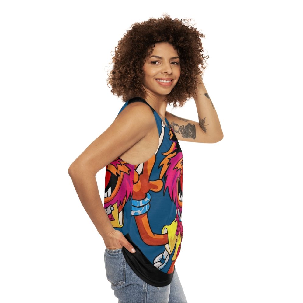 Electric Mayhem drummer playing drums on a unisex tank top - women side