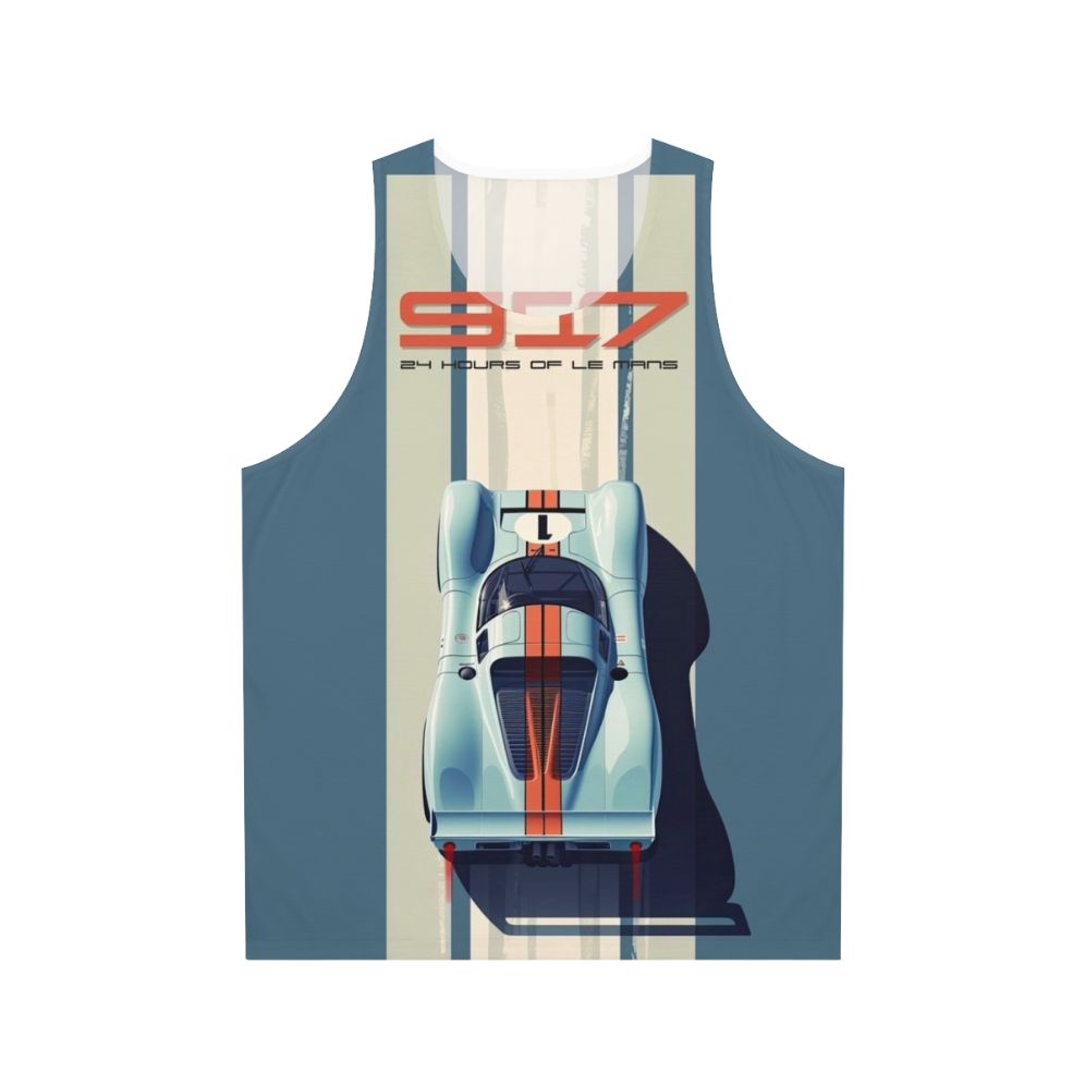 Porsche 917 race car in vintage Martini Racing livery on unisex tank top