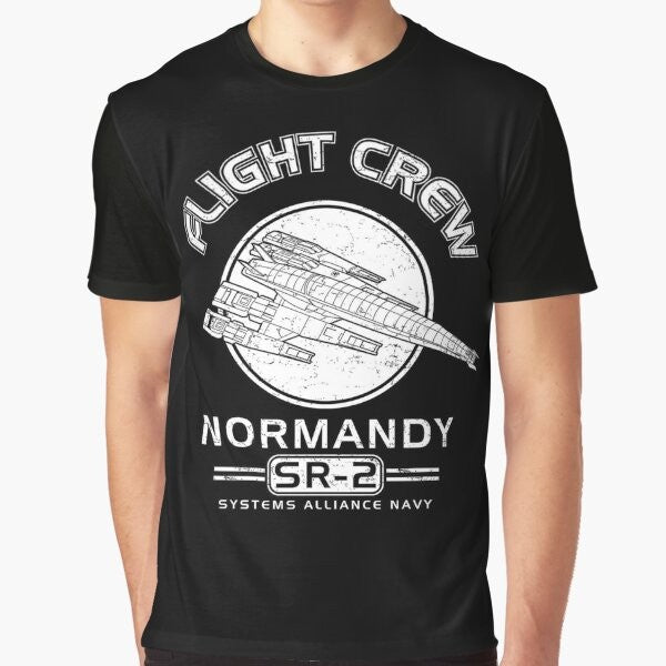 Mass Effect Normandy SR2 graphic t-shirt featuring the iconic spaceship from the popular sci-fi video game series.