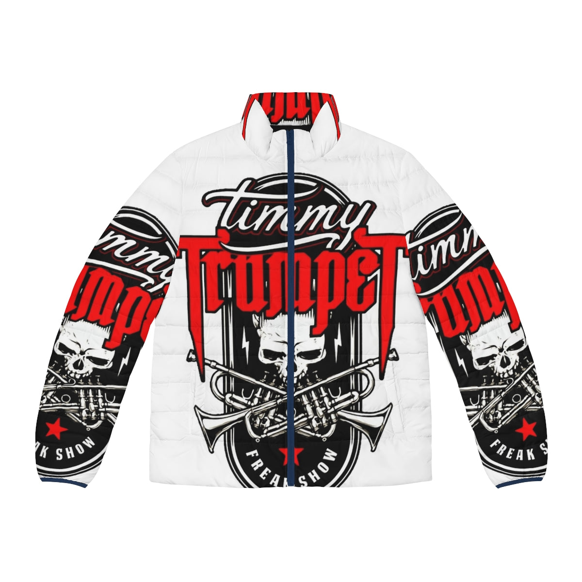 A grunge-inspired puffer jacket featuring a skull design, perfect for Timmy Trumpet and Hardwell fans.