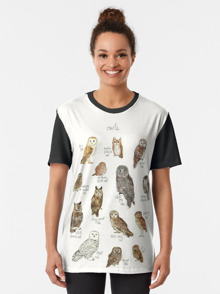 Owls Graphic T-Shirt featuring a colorful illustration of various owl species - Women