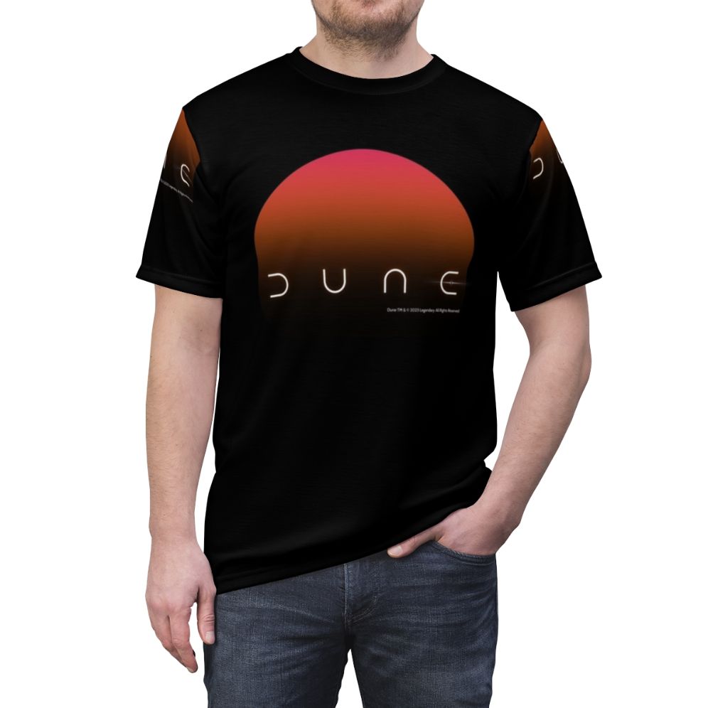 Artistic Dune-inspired desert planet and sandworm design on a t-shirt - men front