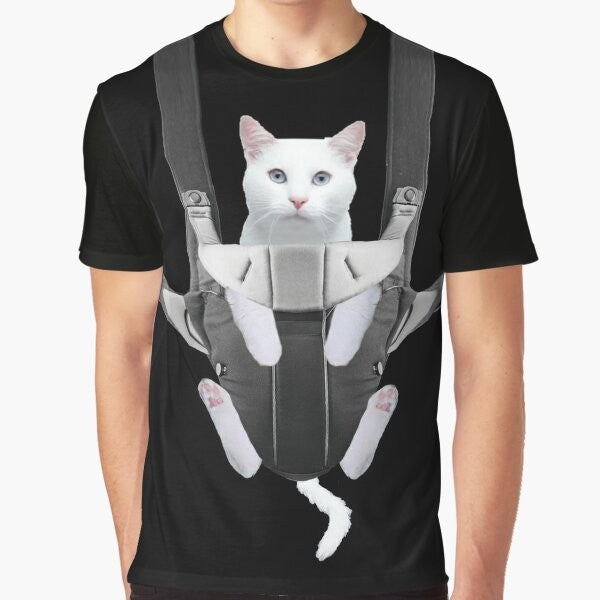 Adorable tabby cat snuggled in a baby carrier on a graphic t-shirt