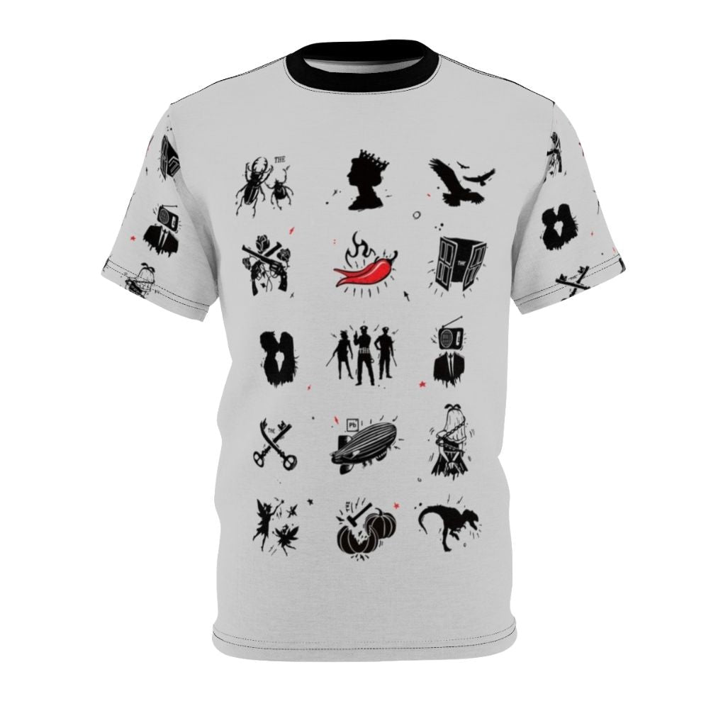 Retro rock bands music t-shirt featuring a collage of iconic band logos and album covers