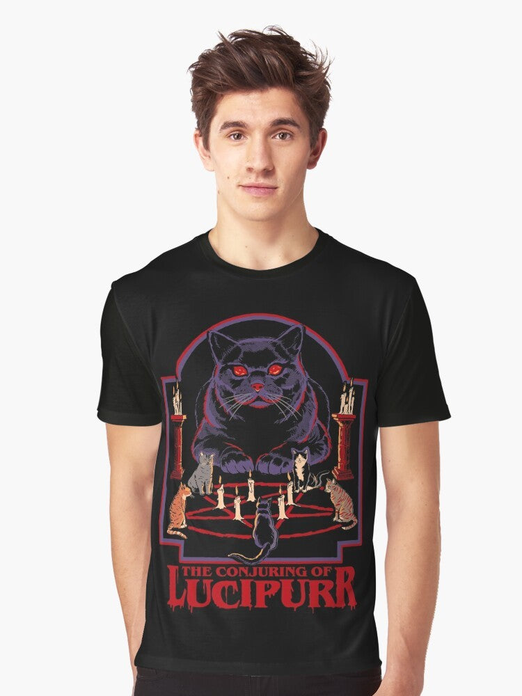 Lucipurr retro occult cat graphic t-shirt with pentagram and flames - Men