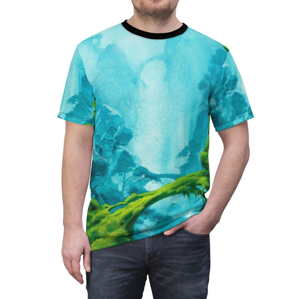 Breathtaking fantasy art t-shirt featuring Roger Dean's mesmerizing landscapes and otherworldly elements. - men front