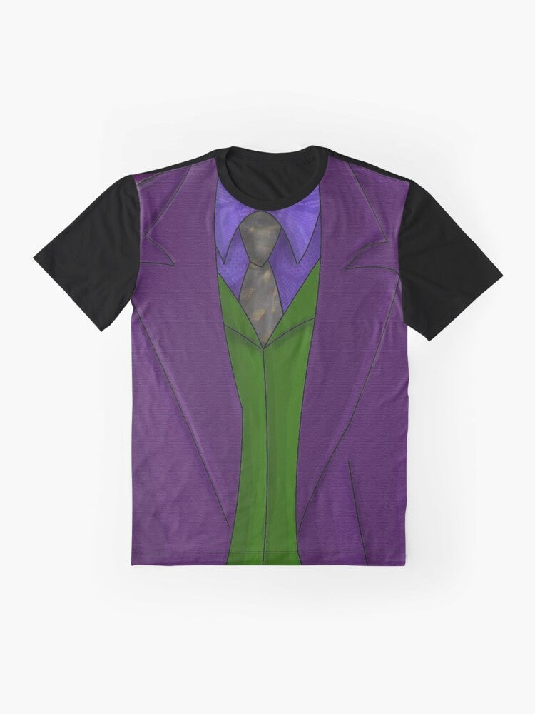 Purple Cosplay Graphic T-Shirt with Joker Costume Design - Flat lay