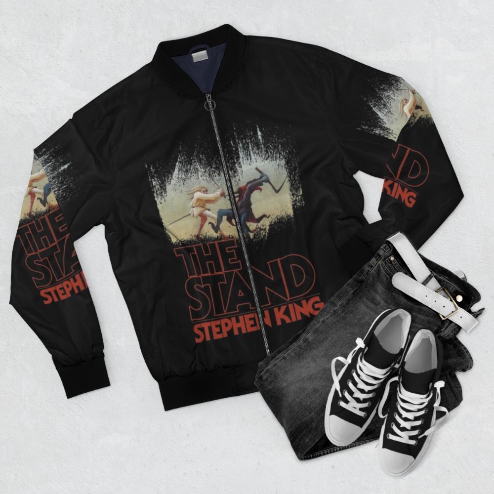 Stephen King The Stand Bomber Jacket Featuring Iconic Imagery and Designs - Flat lay