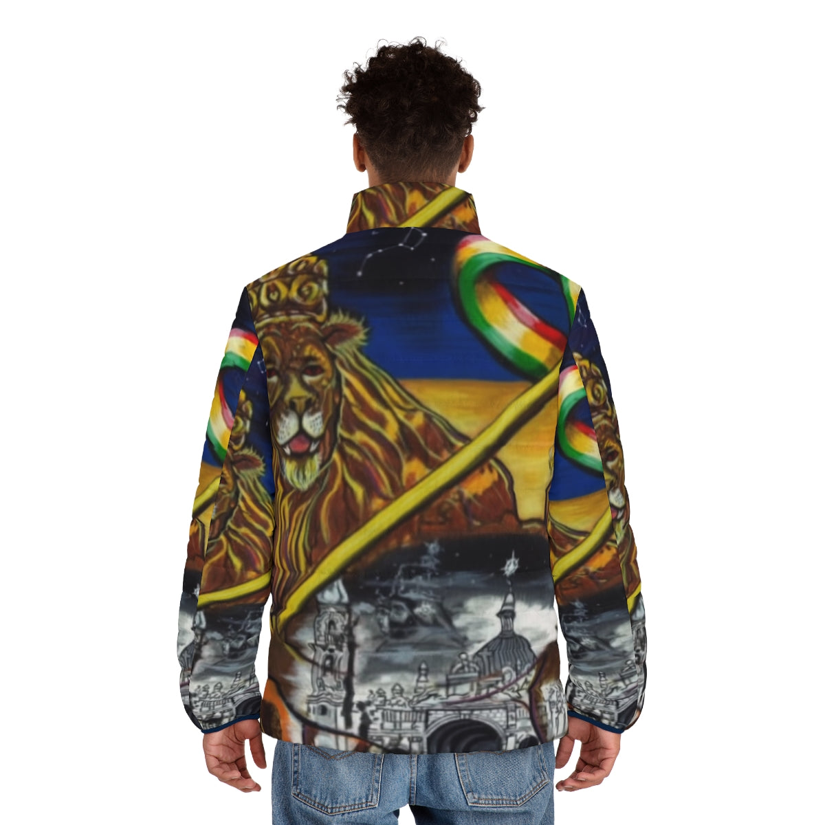 Midnite Zion Puffer Jacket featuring a Lion of Judah polygon design - men back