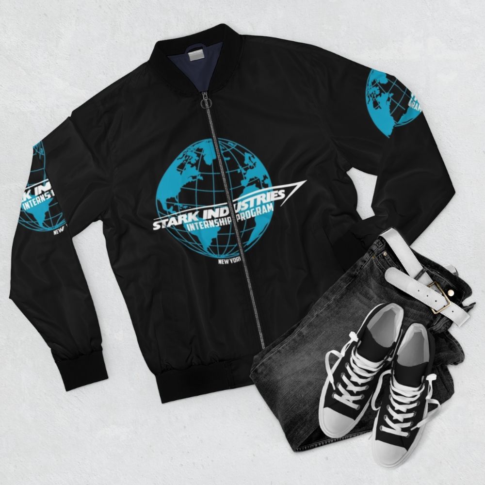 Stark Industries Internship Program Bomber Jacket with Spider-Man and Iron Man Design - Flat lay