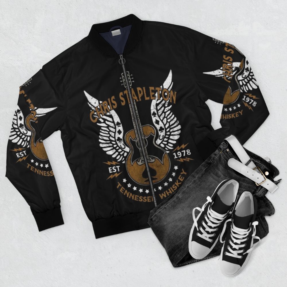 Christopher Stapleton country music bomber jacket with guitar design - Flat lay