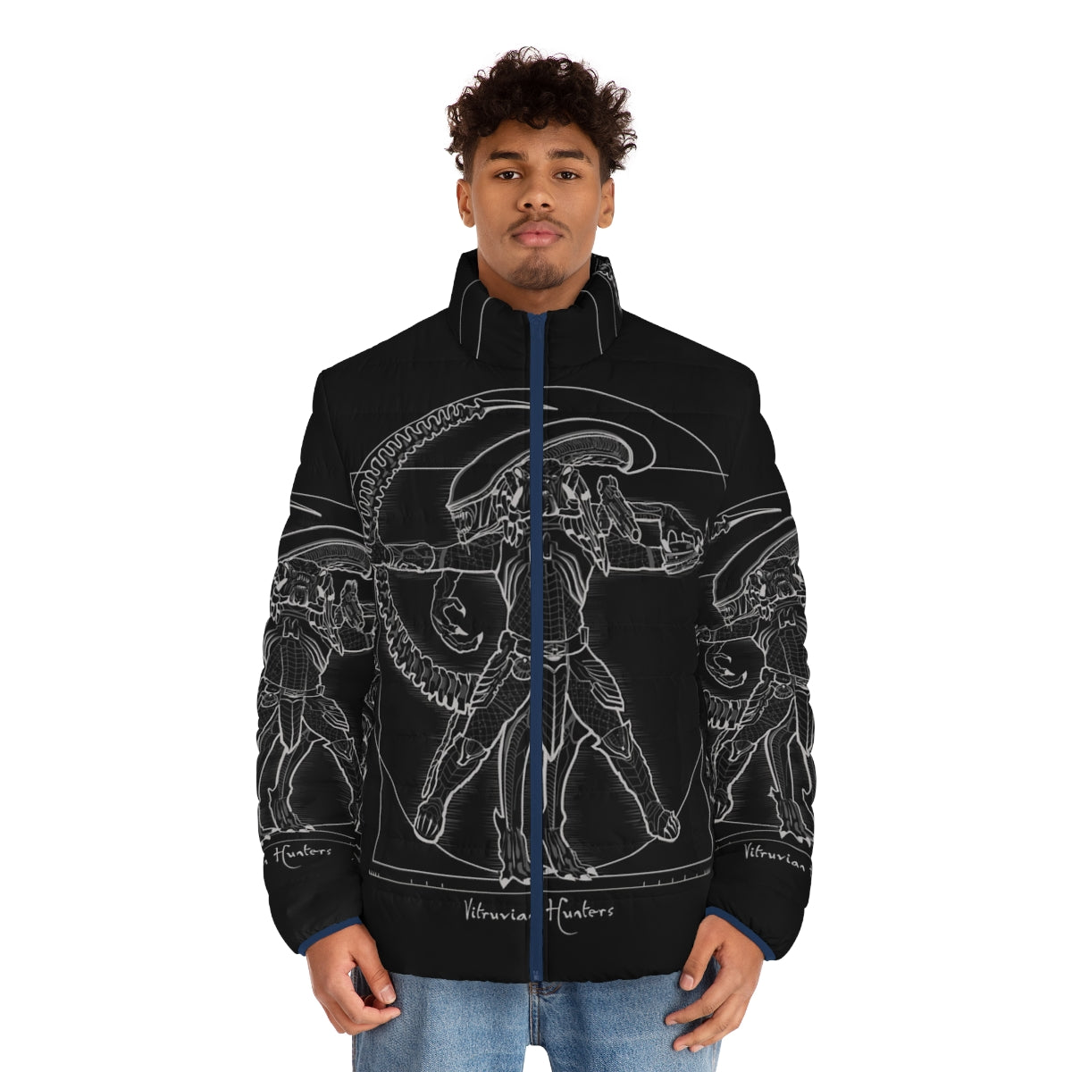 Vitruvian Hunters Negative Puffer Jacket featuring sci-fi inspired designs and references to classic movies - men front