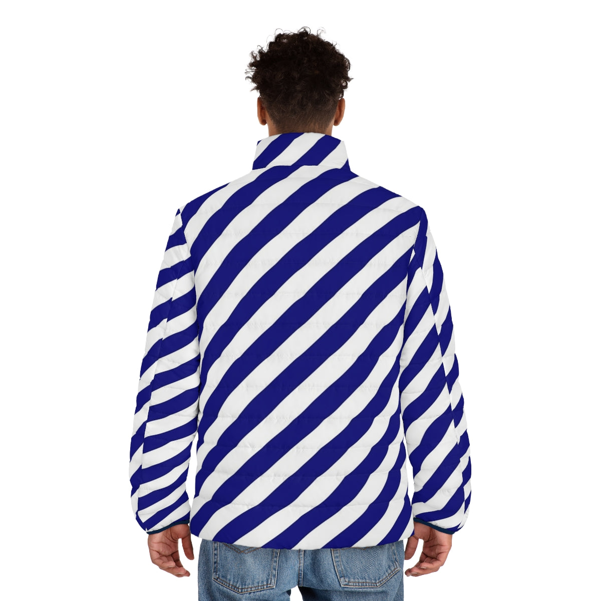 Blue and white diagonal stripe puffer jacket - men back