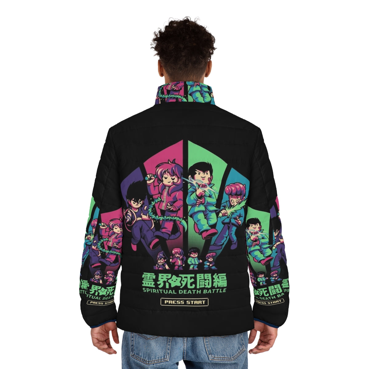 Spiritual Battle Puffer Jacket with anime-inspired 90s pixelart design - men back