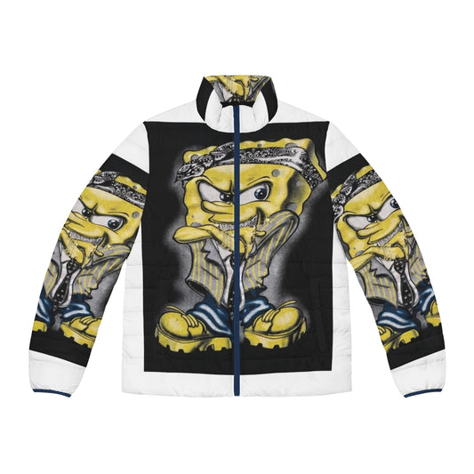 Gangster Spongebob design on an oversized puffer jacket