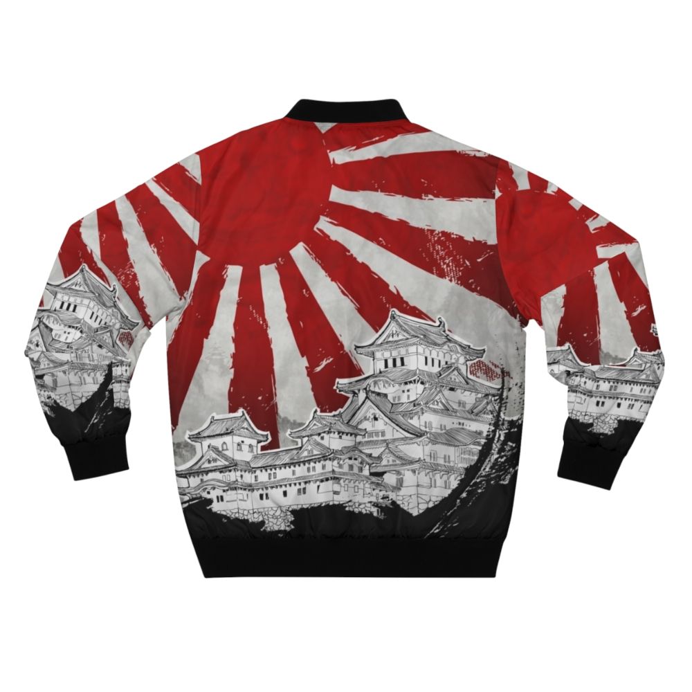 A Japanese-inspired bomber jacket with a bold, brushed red rising sun design. - Back