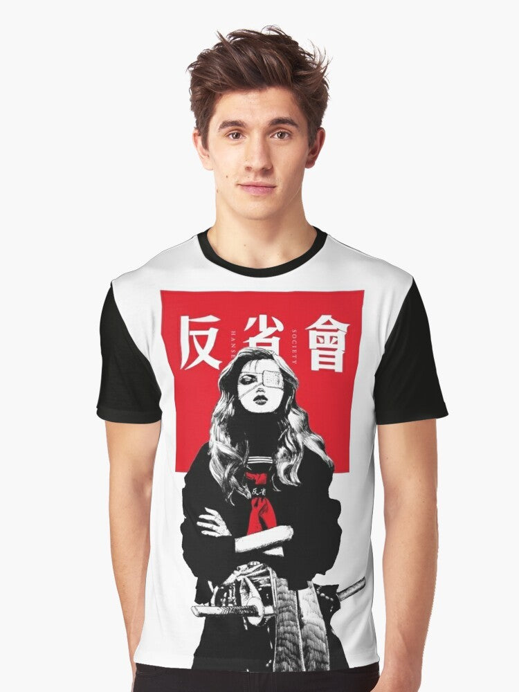 Cyberpunk Japanese urban style graphic t-shirt featuring a samurai girl in a futuristic, vaporwave-inspired design - Men