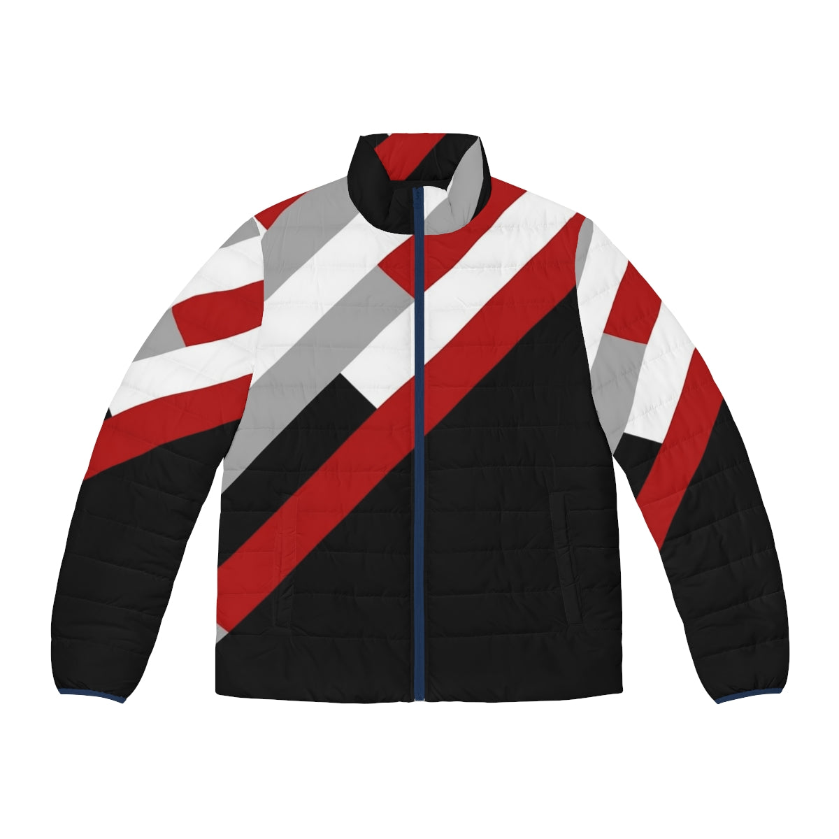 Diagonal stripes geometric pattern puffer jacket in grey, red, and white