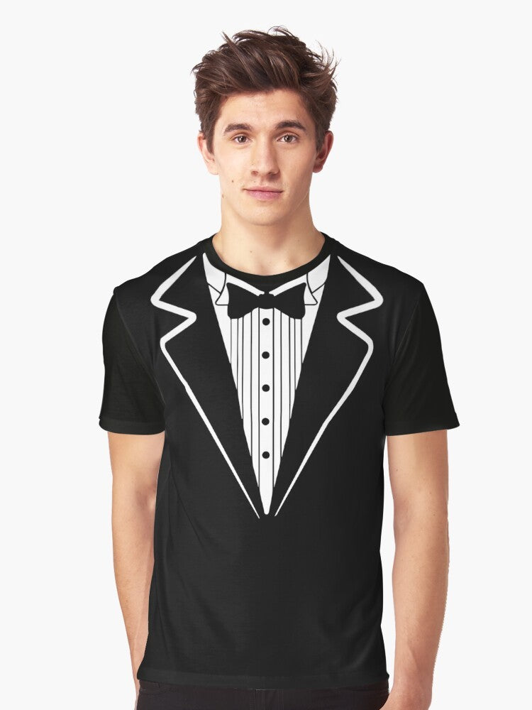 Tuxedo bow tie graphic t-shirt with a stylish and humorous design - Men