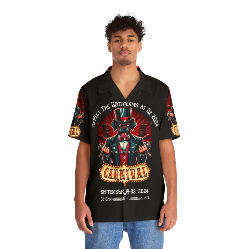 Dark carnival-themed Hawaiian shirt with pupfest graphics - People Front