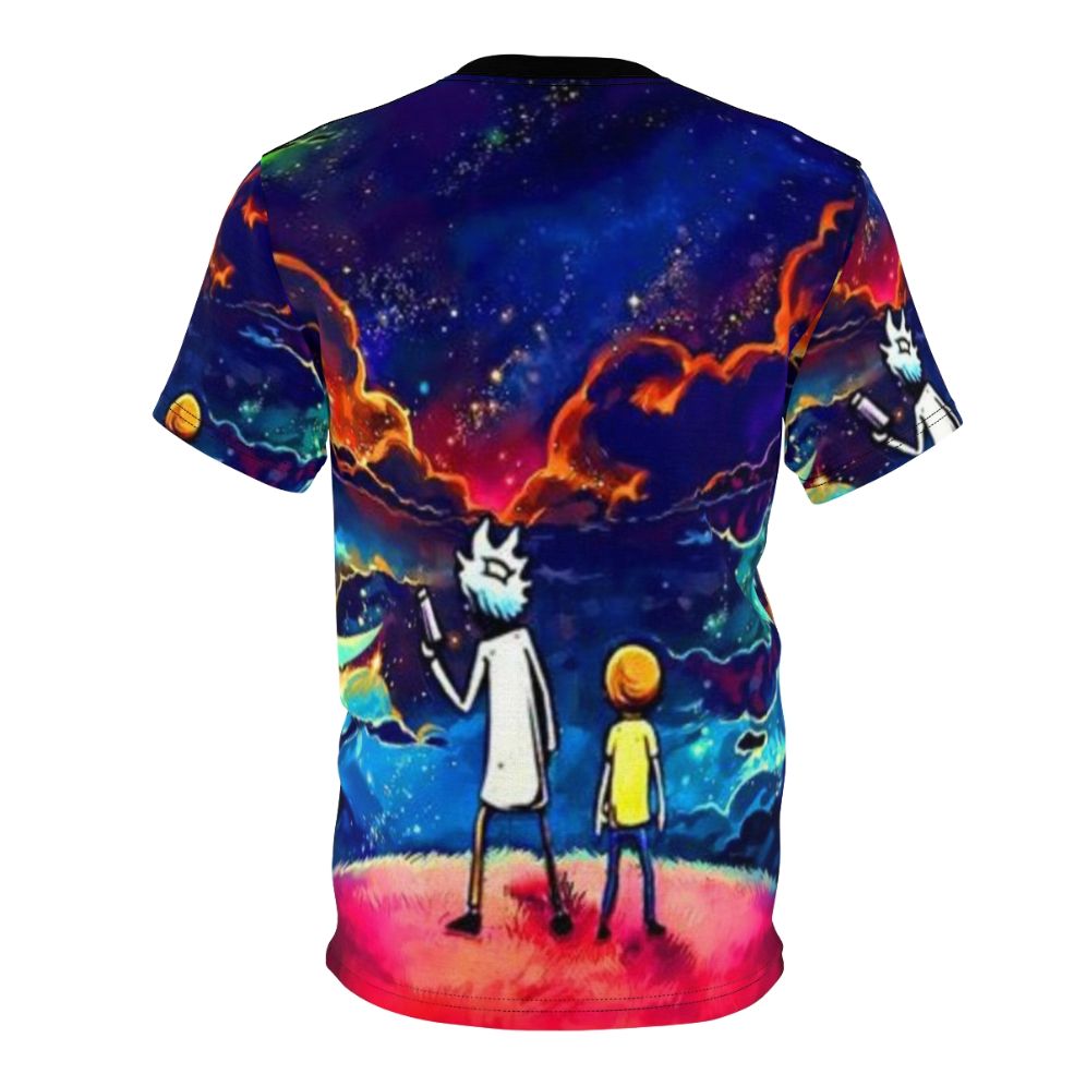 A colorful, all-over-print t-shirt featuring a design inspired by the popular adult cartoon series "Rick and Morty". - Back