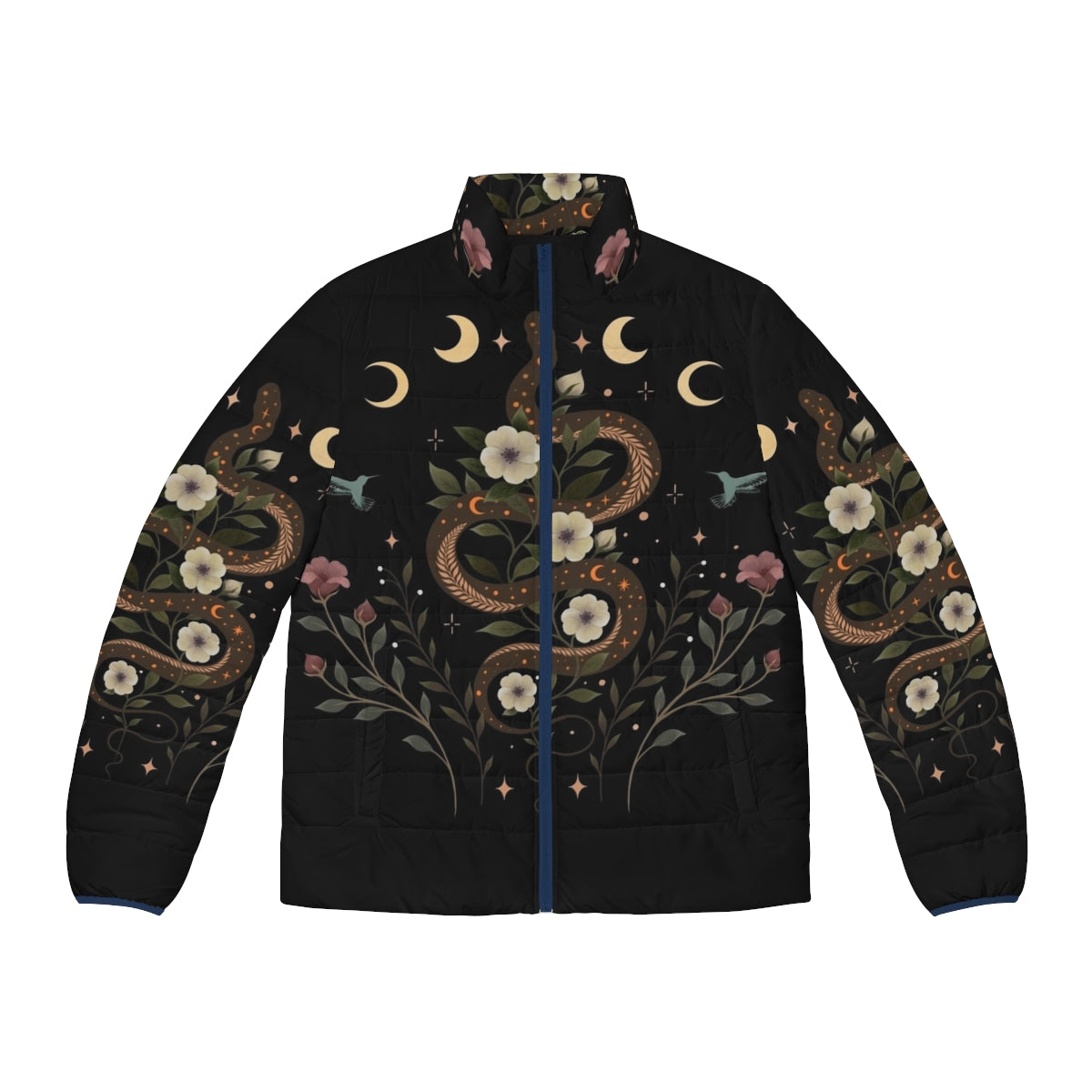 Serpent Spell Puffer Jacket in Mystical Botanical and Moonlight Design