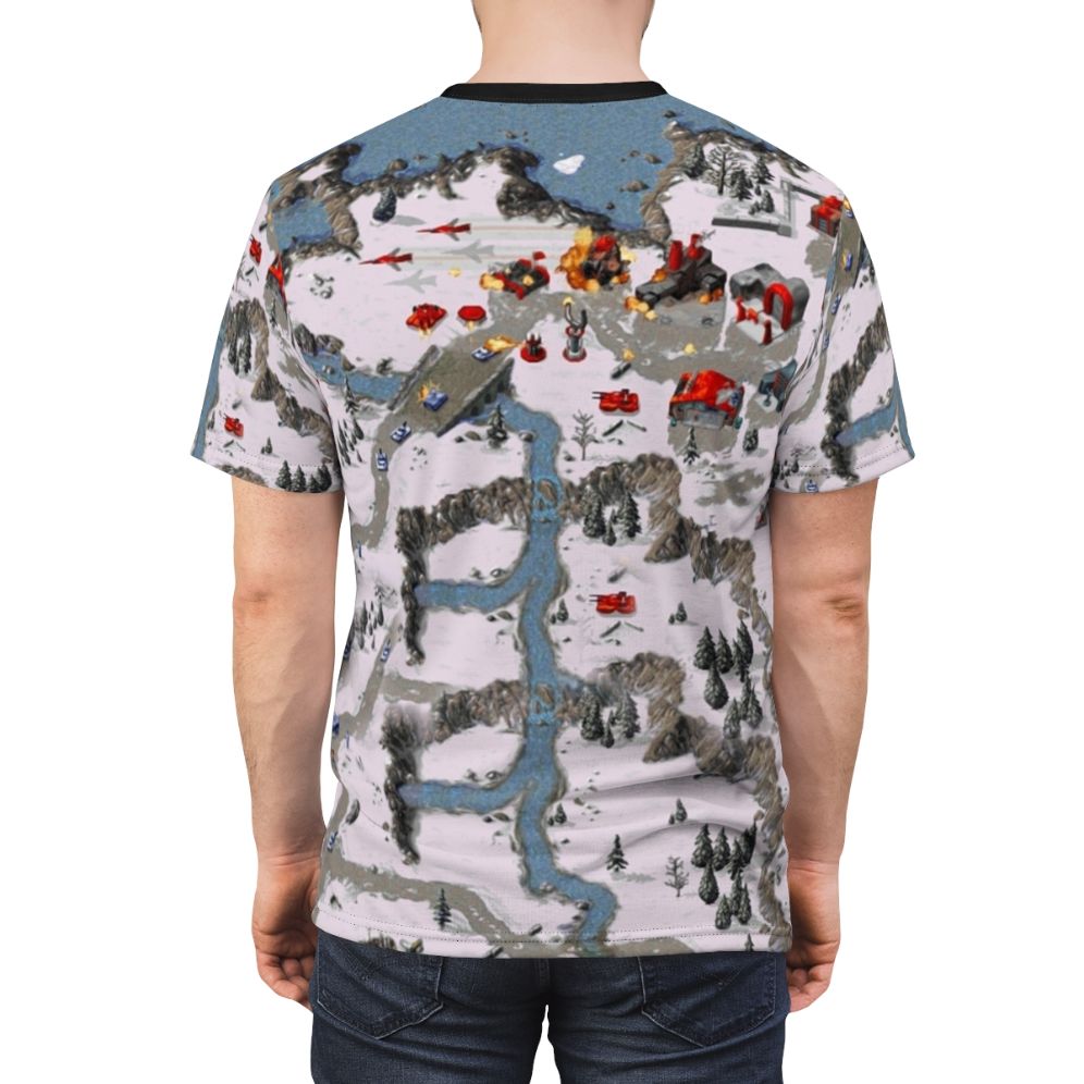 Retro inspired t-shirt featuring a red alert design for fans of the classic command and conquer real-time strategy game - men back