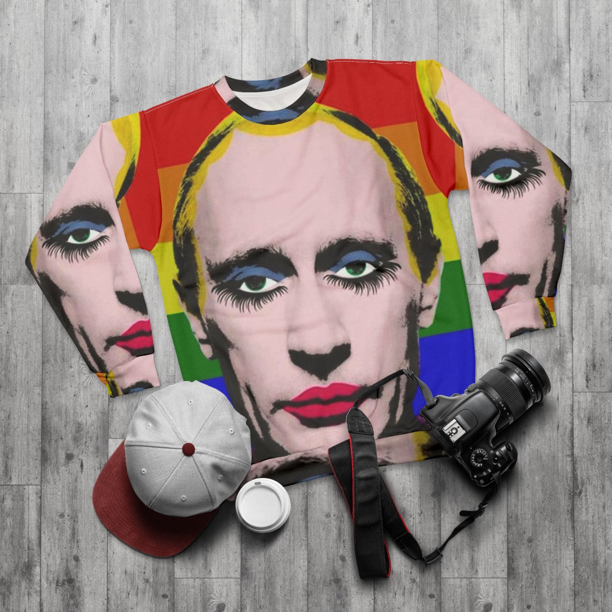 Gay Putin Pride Flag Sweatshirt featuring drag queen imagery as protest art - flat lay