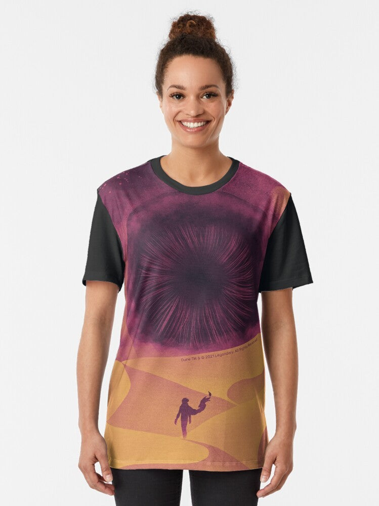 Dune movie inspired graphic t-shirt featuring the Great Shai-Hulud, the giant sandworm from the Dune universe - Women