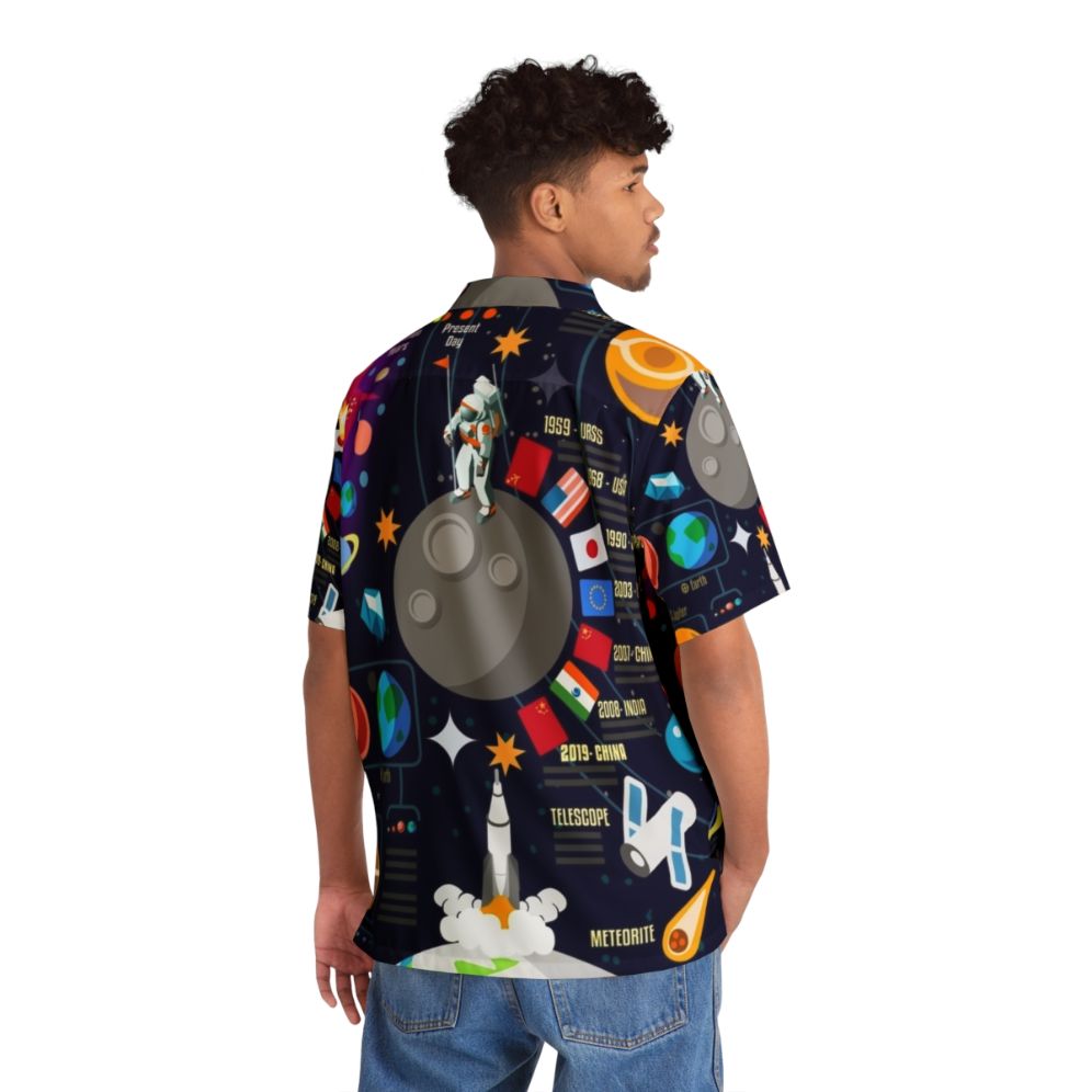 Space-themed Hawaiian shirt with infographic design of the universe, big bang, planets, and celestial elements - People Back