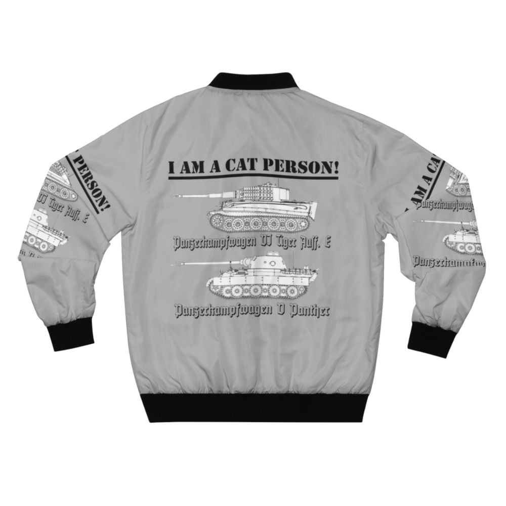 I Am A Cat Person (TANKS) Bomber Jacket - Military Inspired, featuring a tank and cat design - Back