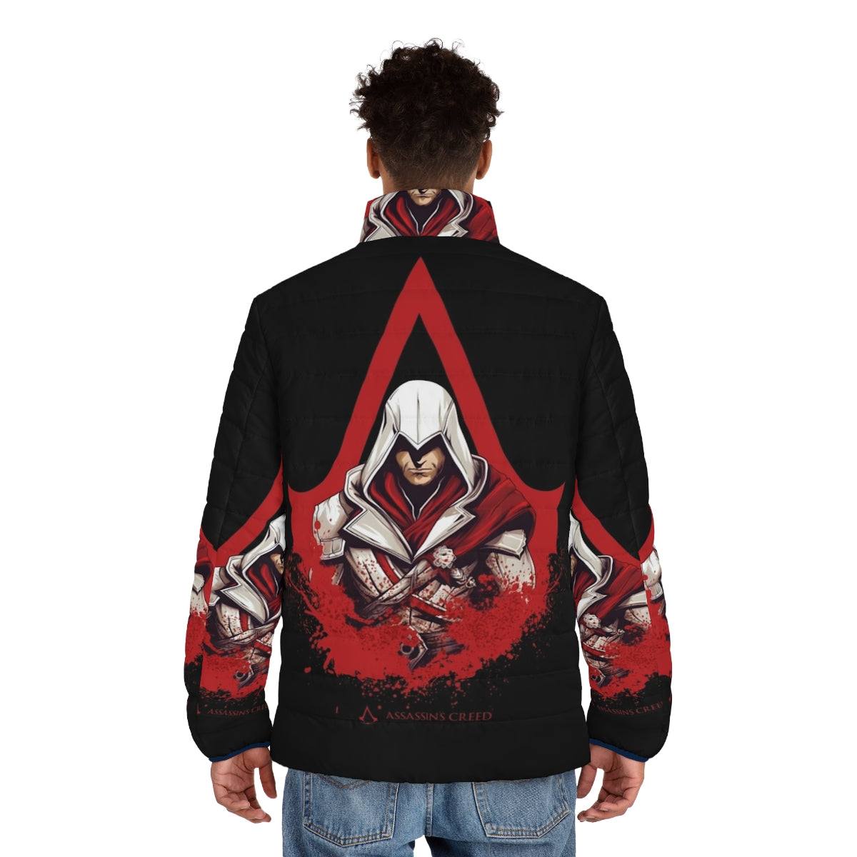 Assassin's Creed themed puffer jacket with game logo - men back