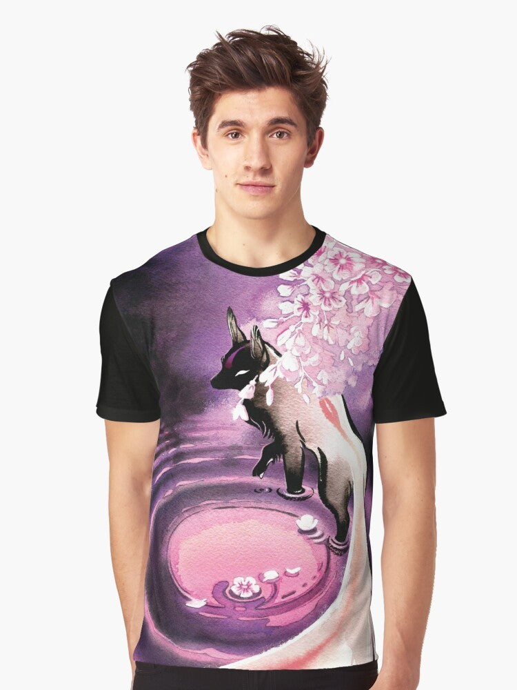 Graphic tee featuring a mystical fox surrounded by cherry blossoms under a rose moon - Men