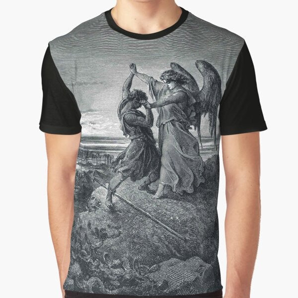 Vintage biblical artwork of Jacob wrestling with the angel, designed by Gustave Dore, printed on a graphic t-shirt.