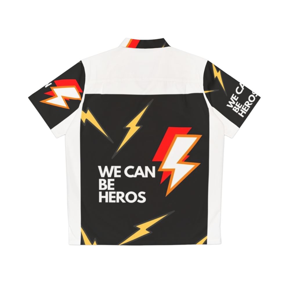 Model wearing a "We Can Be Heros" Hawaiian shirt with a lightning print design - Back