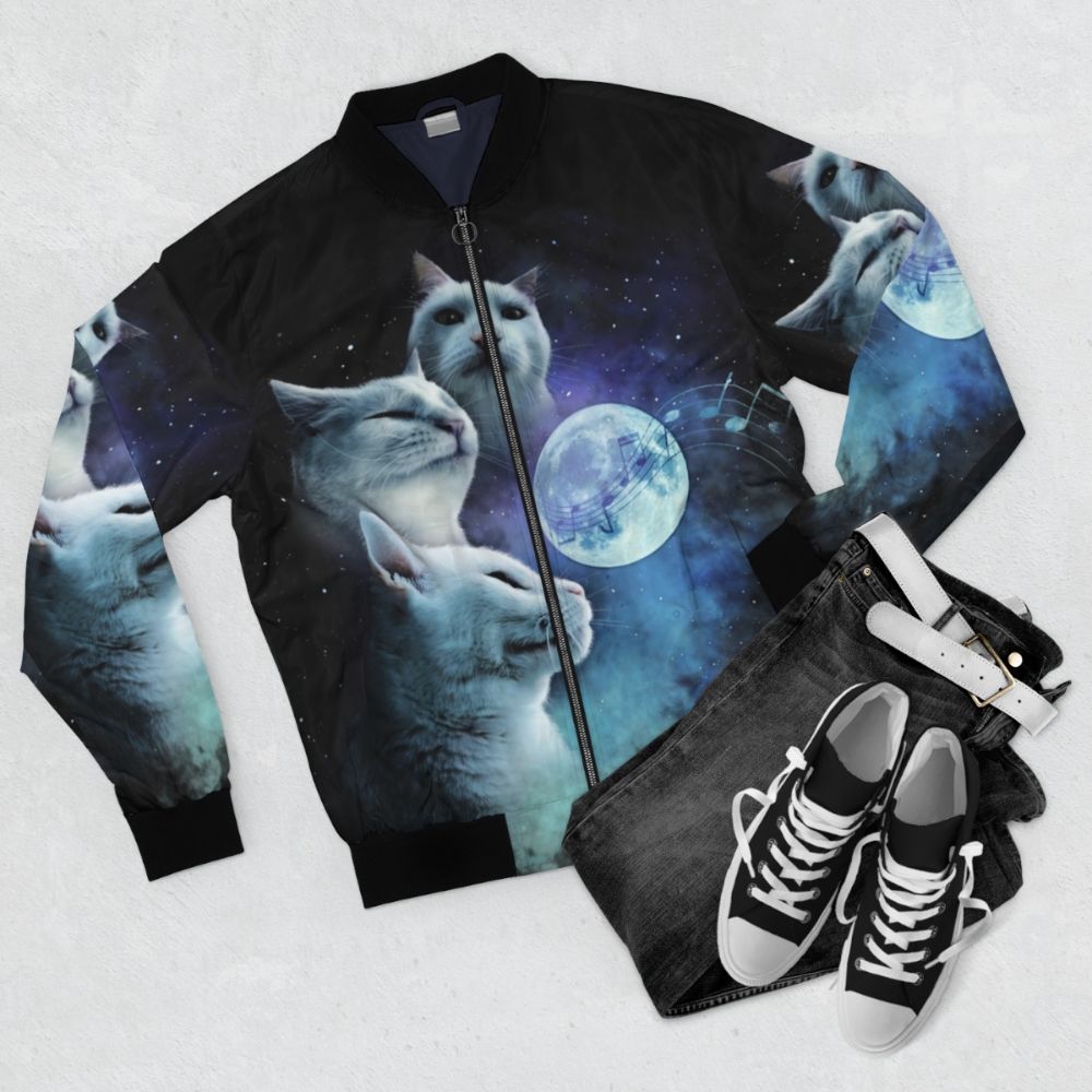 A bomber jacket featuring a vibrant design of cats vibing against a cosmic galaxy background, with a three-cat moon motif. - Flat lay