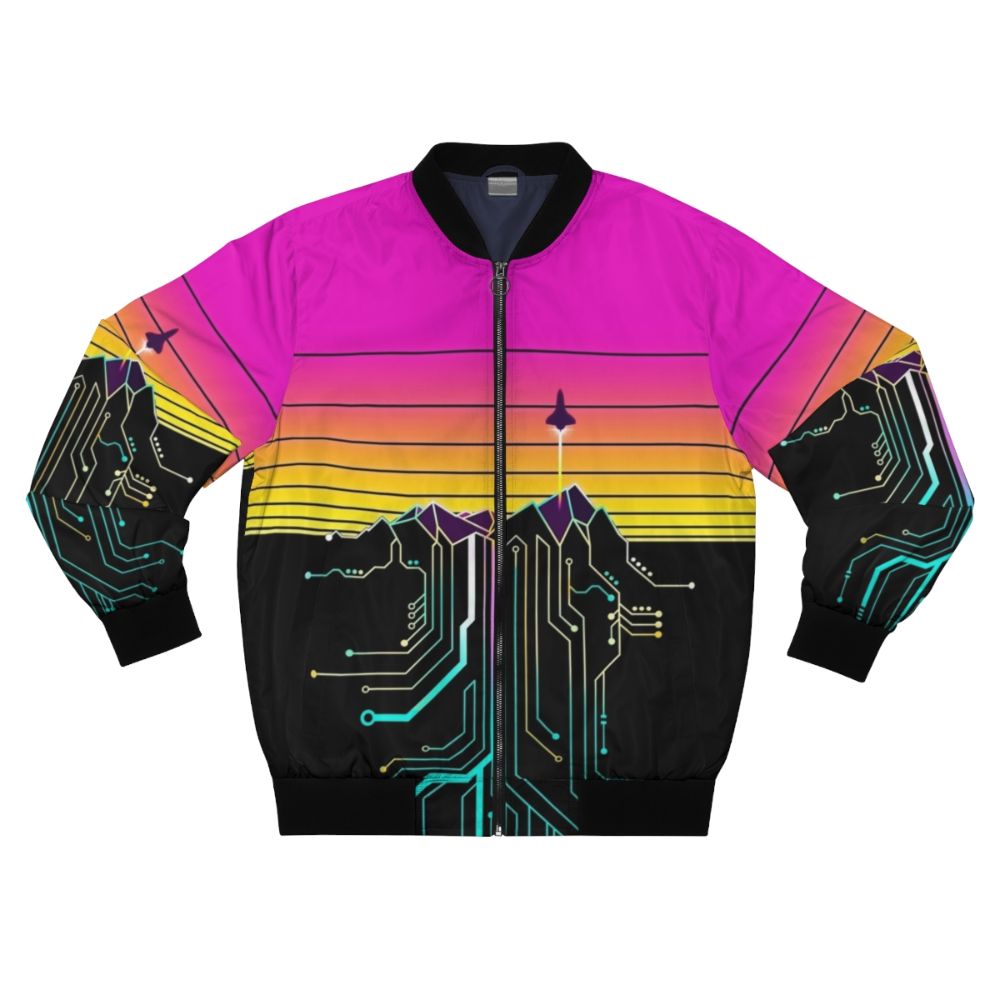 Synth Mountain Sunrise Bomber Jacket with retro 80s synthwave aesthetic design